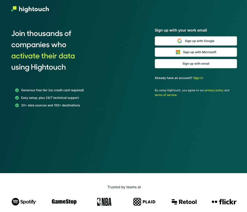 A screenshot of the sign-up page of Hightouch