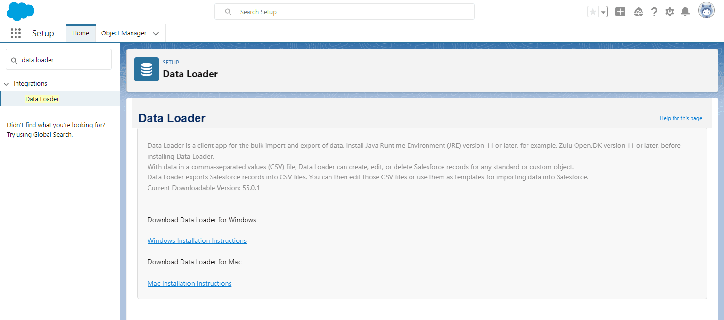 image of Data Loader in Salesforce Setup Quick Find bar