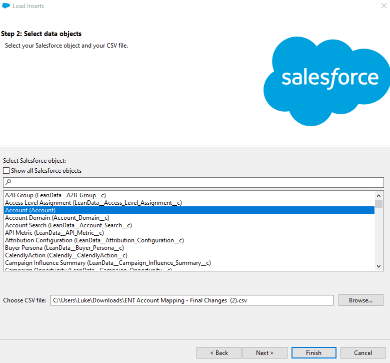 image of Data Loader CSV upload and object selection