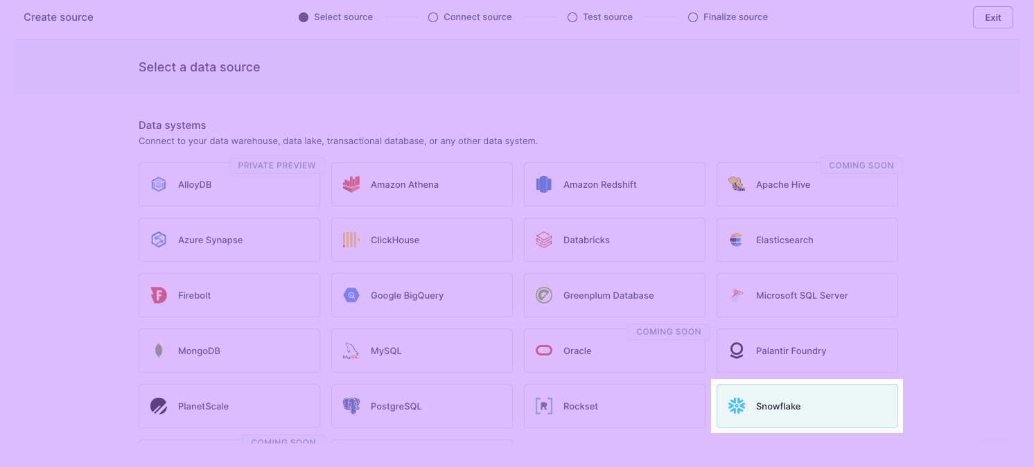 Select Snowflake from Sources