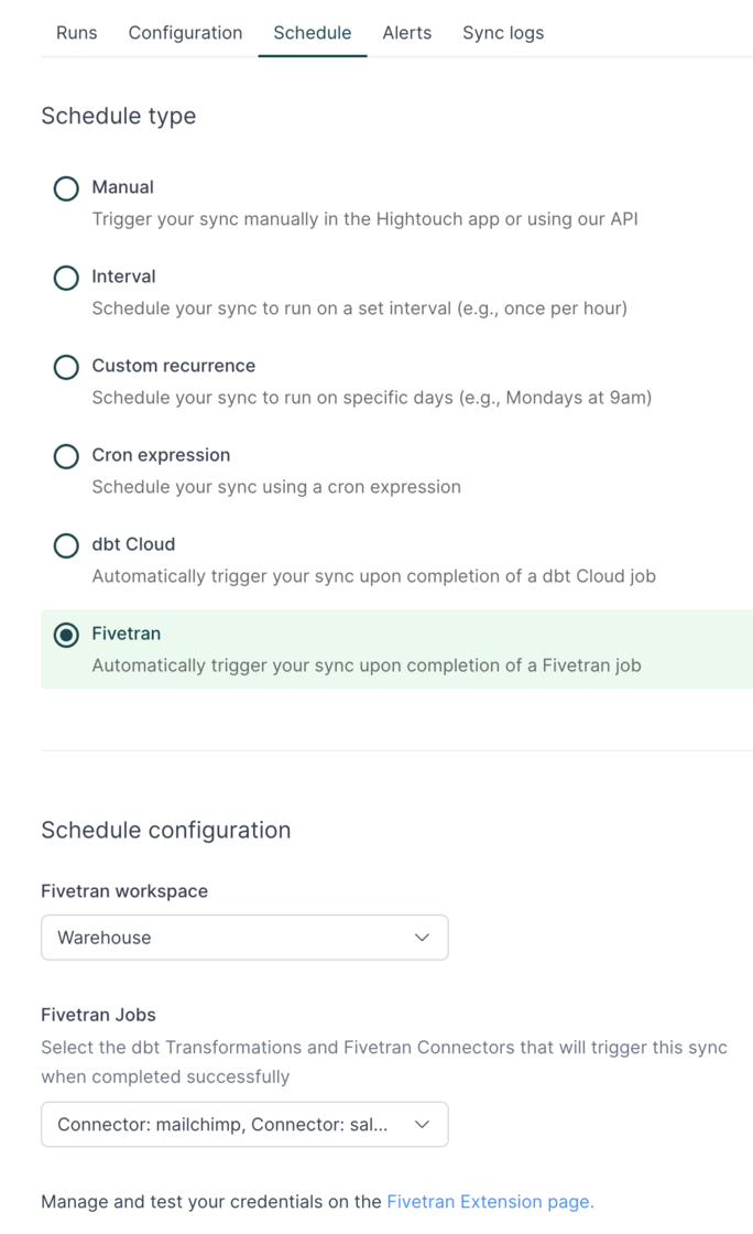 Example of the Fivetran Extension Setting