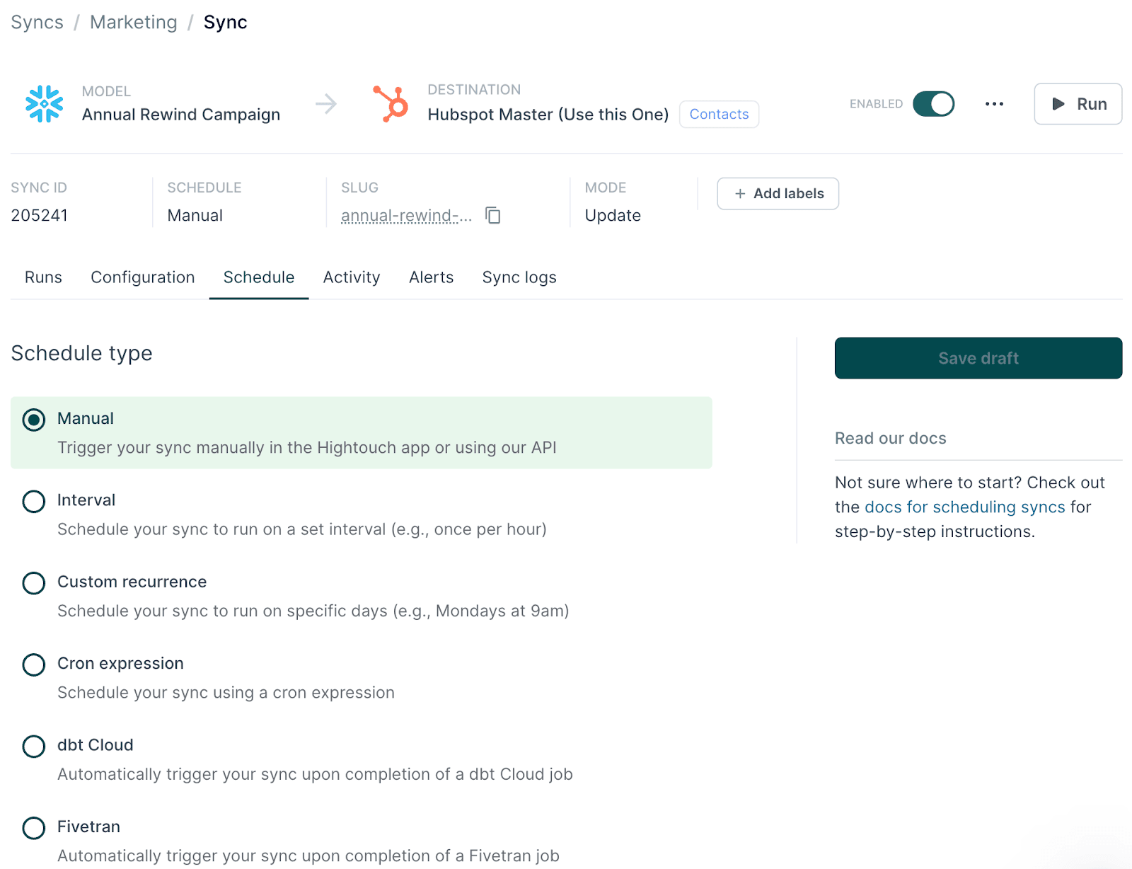 Hubspot sync schedule configuration