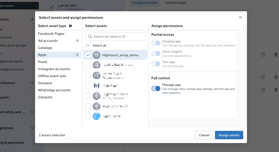 Screenshot of the Meta Business account UI