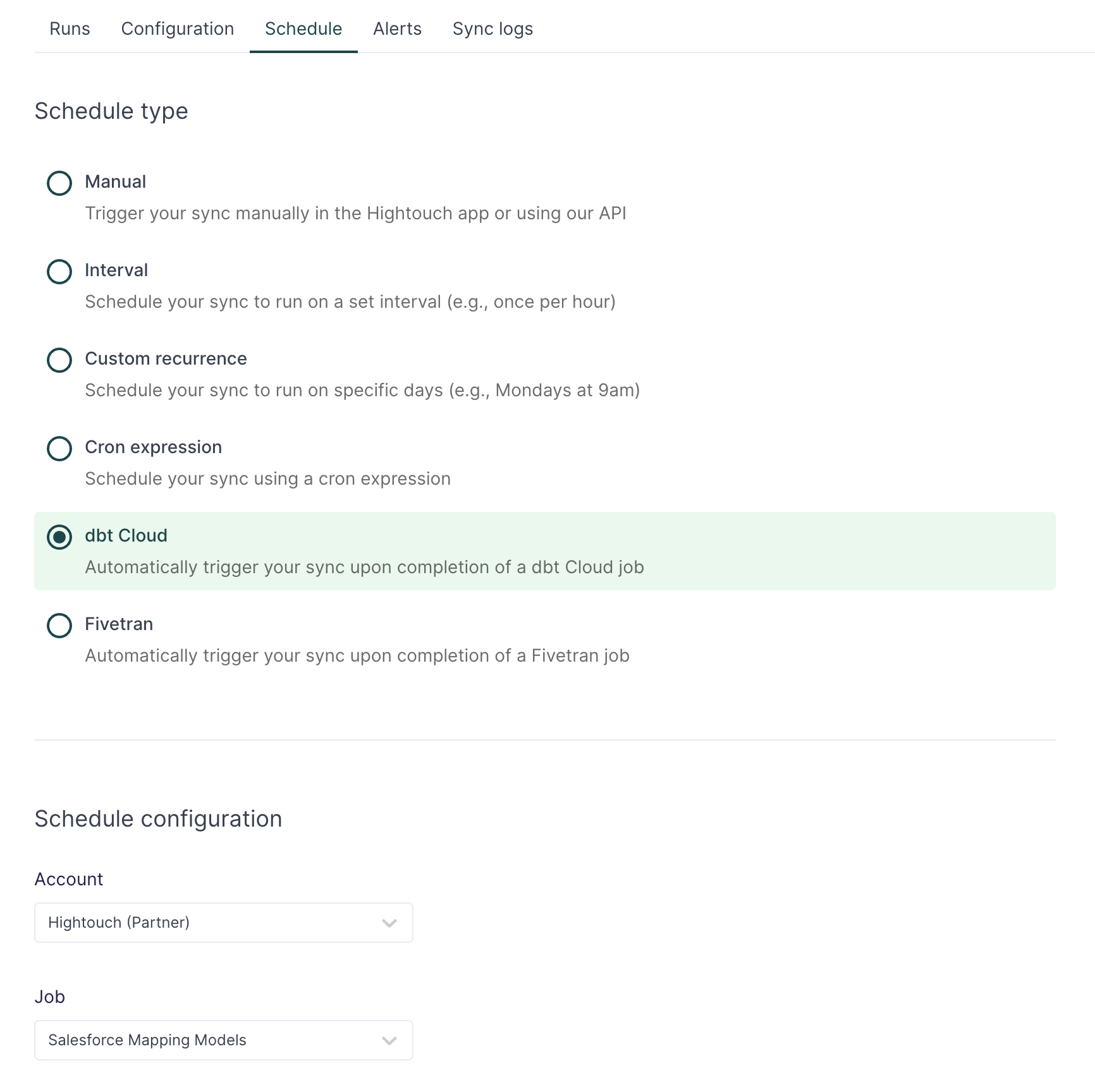 dbt Cloud schedule configuration in the Hightouch UI