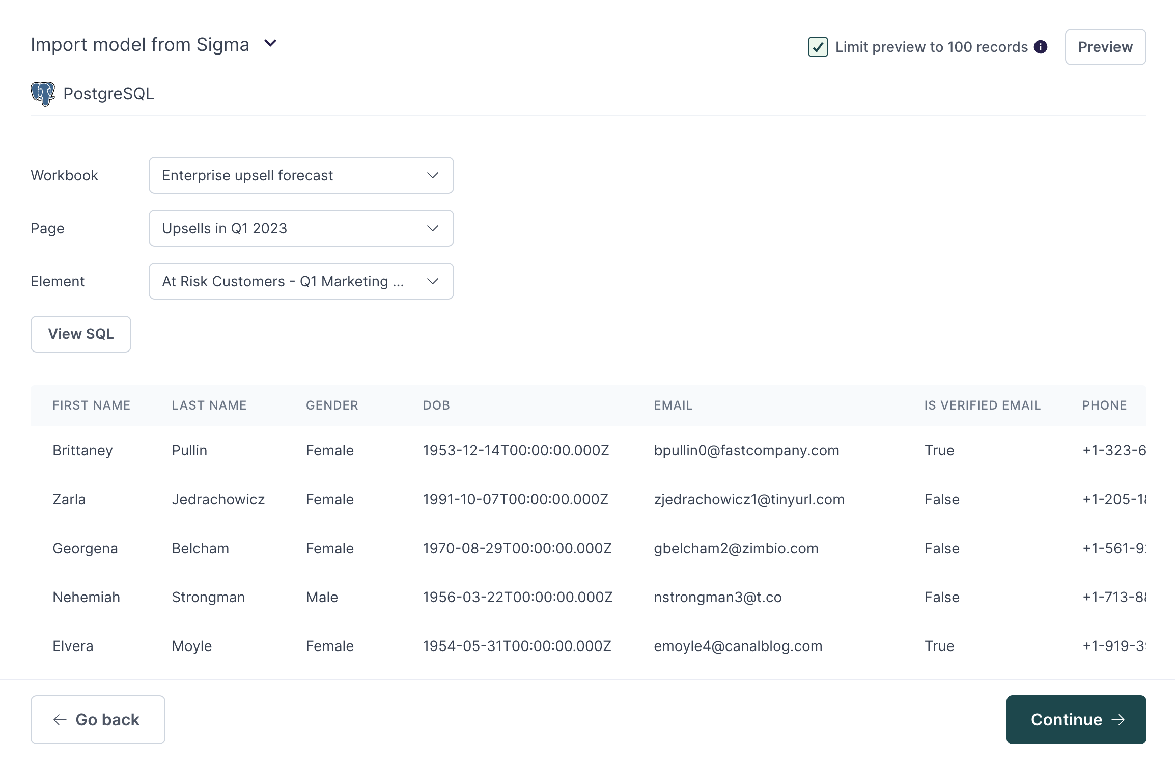 Creating a Sigma-based model in the Hightouch app