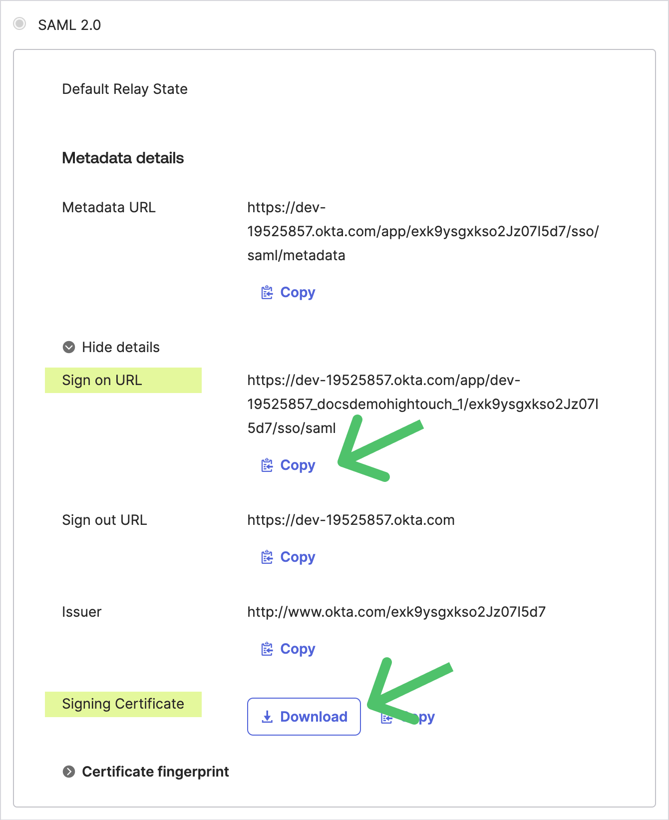 Okta IdP SSO URL and certificate