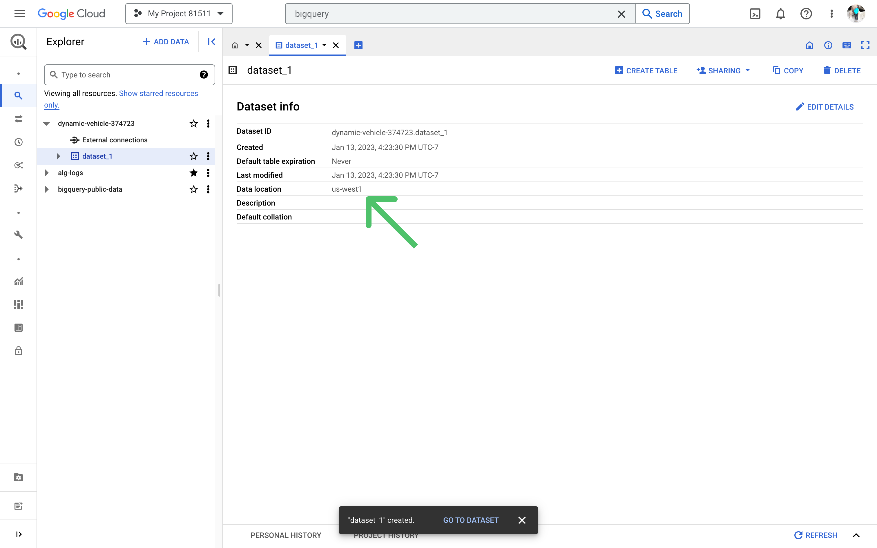 Dataset Location in the Google Cloud Console