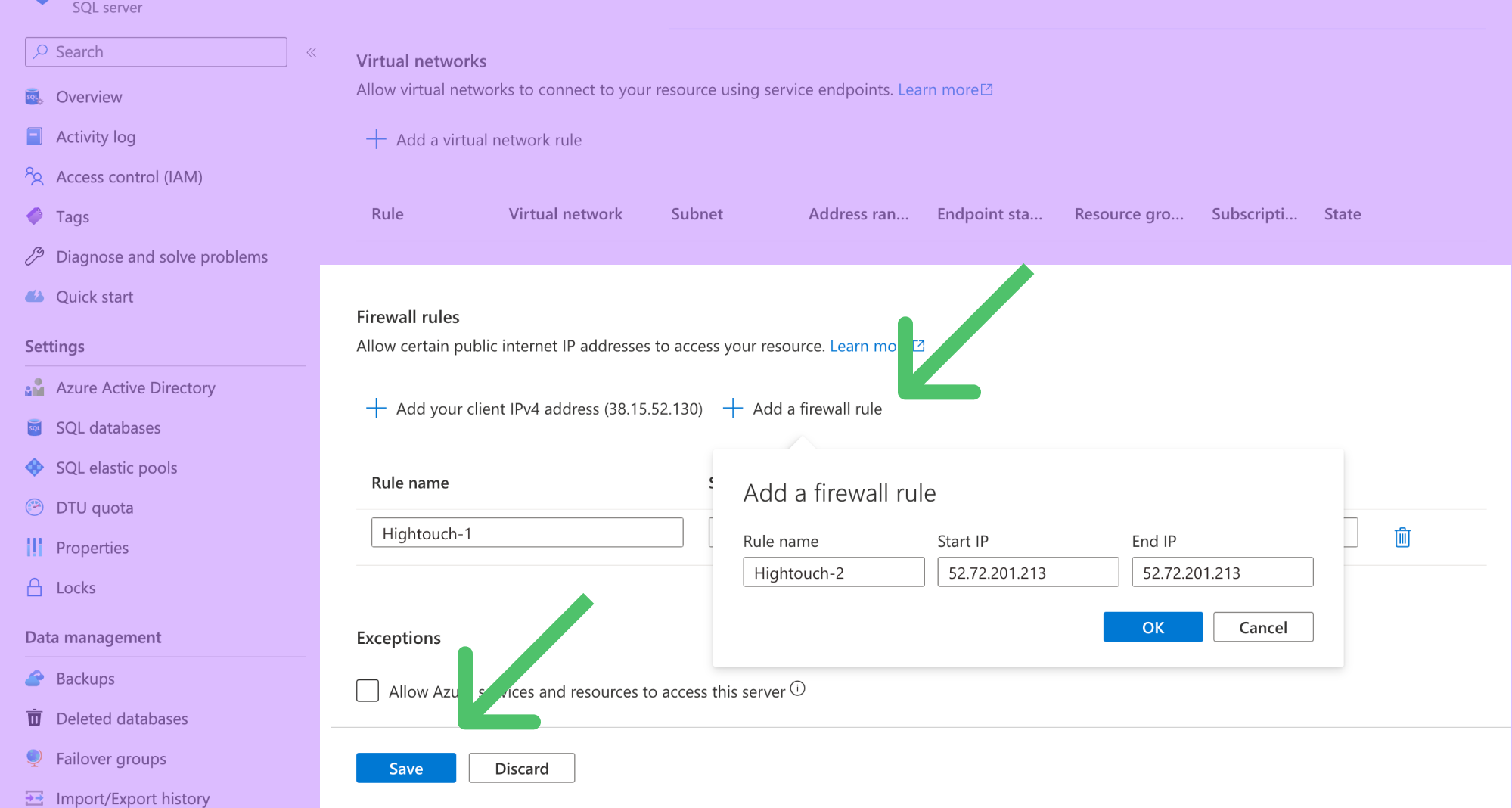 Azure Console Dashboard with settings